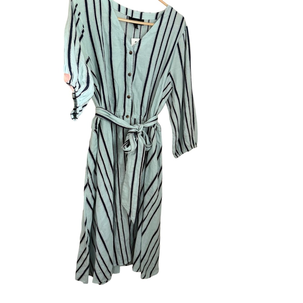 Lane Bryant Striped Shirt Dress 12‎ NWT Belted Midi Balloon Slv Textured Coastal
